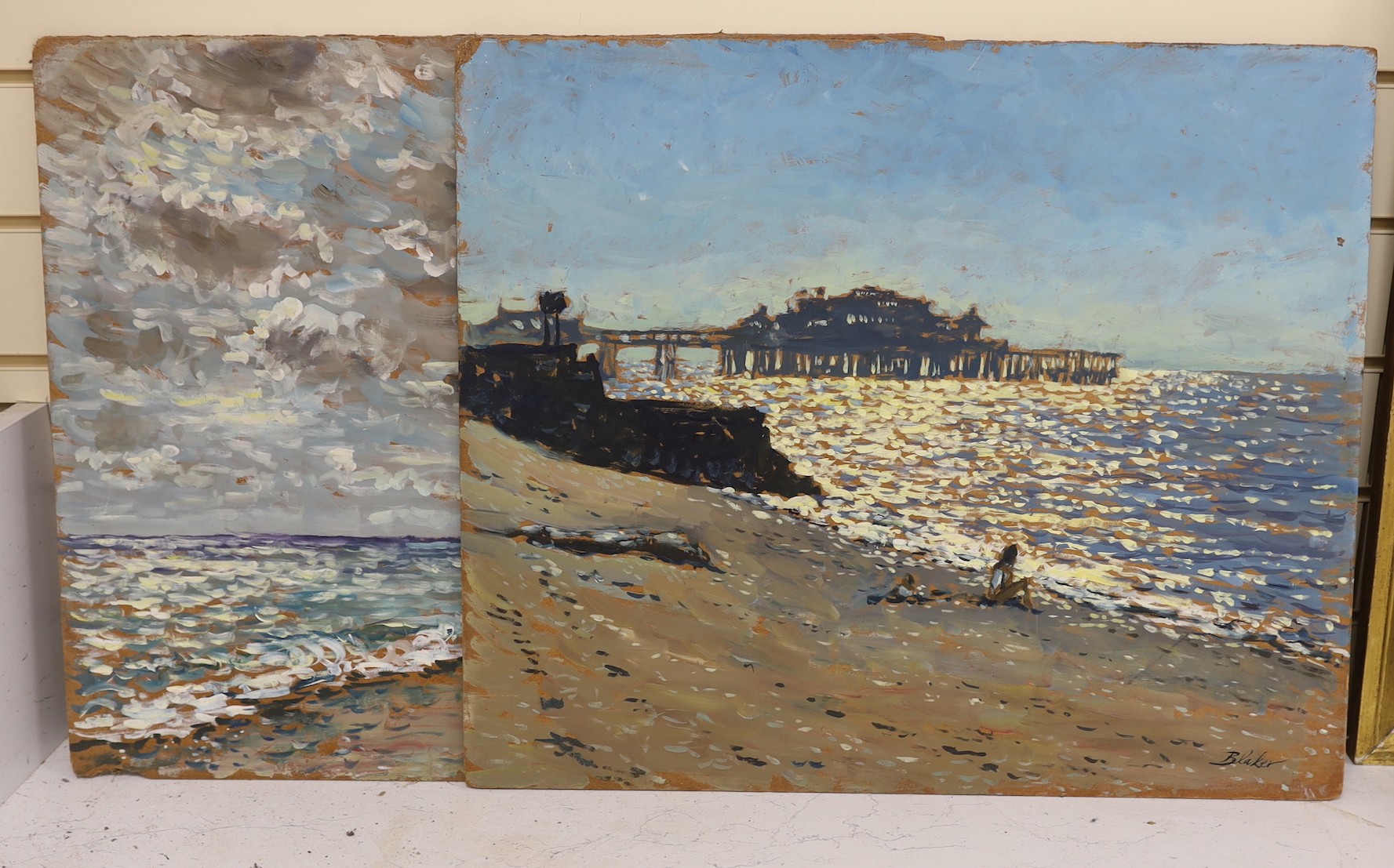 Michael Blaker (1928-2018) - The Pier, Brighton from the beach at sunset, and the beach towards Shoreham-by-Sea, a pair, oils on board, signed, each 51.5 x 61cms